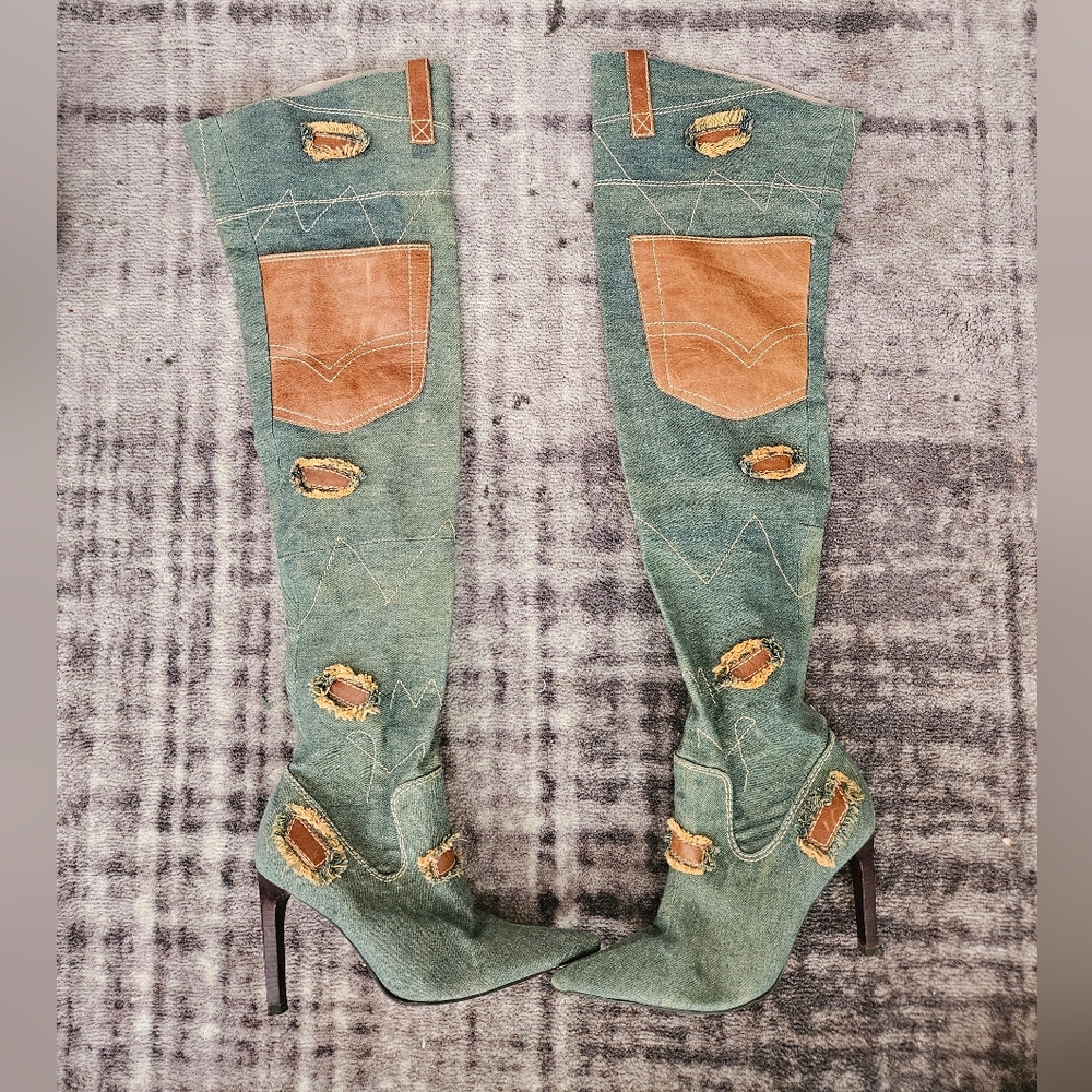 SCHUTZ over the knee jean patched boot